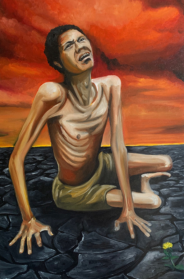 Oil painting by Emma Saxon - A starving man crawls across a scorched earth, eyes raised heavenward he does not see the last remaining shred of life, a single dandelion