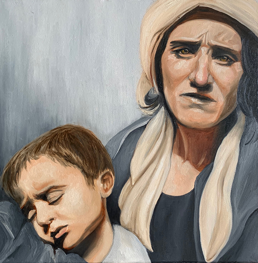 Oil painting by Emma Saxon - An anguished looking refugee mother holds her too thin sleeping child.