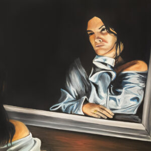 Oil painting of an upset woman looking at her reflection, by Emma Saxon