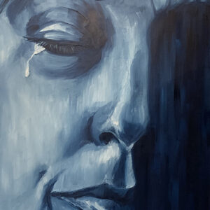 Oil Painting by Emma Saxon. The partial face of a woman in tears painted all in shades of dark blue in downward strokes as if her tears and her pain are flowing over her face like a waterfall.