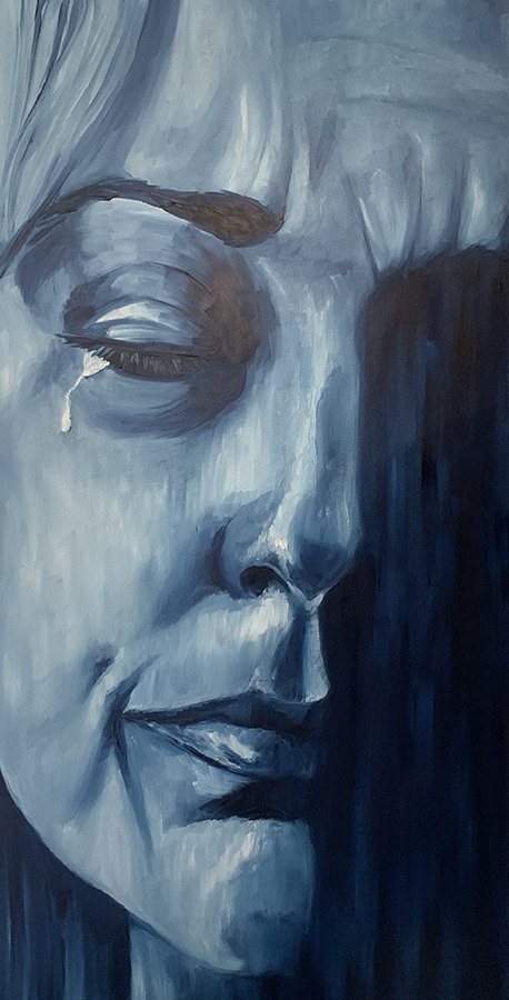 Oil Painting by Emma Saxon. The partial face of a woman in tears painted all in shades of dark blue in downward strokes as if her tears and her pain are flowing over her face like a waterfall.
