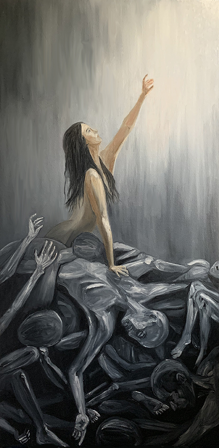 Oil painting of a woman on a pile of grey bodies straining to reach the light above, by Emma Saxon
