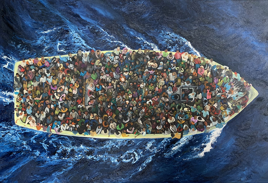 Oil painting by Emma Saxon - An overhead look at 422 refugees on a boat seeking a new life.