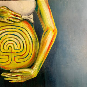 Abstract oil painting of a Celtic labyrinth on a woman's belly