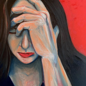 Oil painting of a woman with her hand over her face, by Emma Saxon