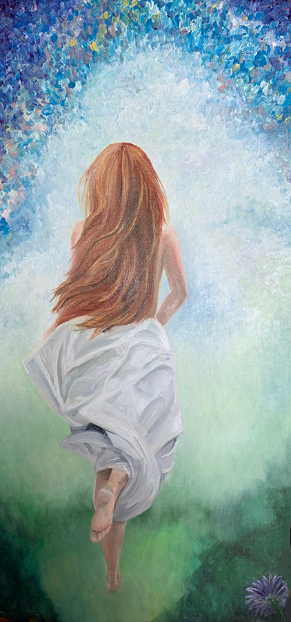 oil painting by Emma Saxon - woman running into the unknown